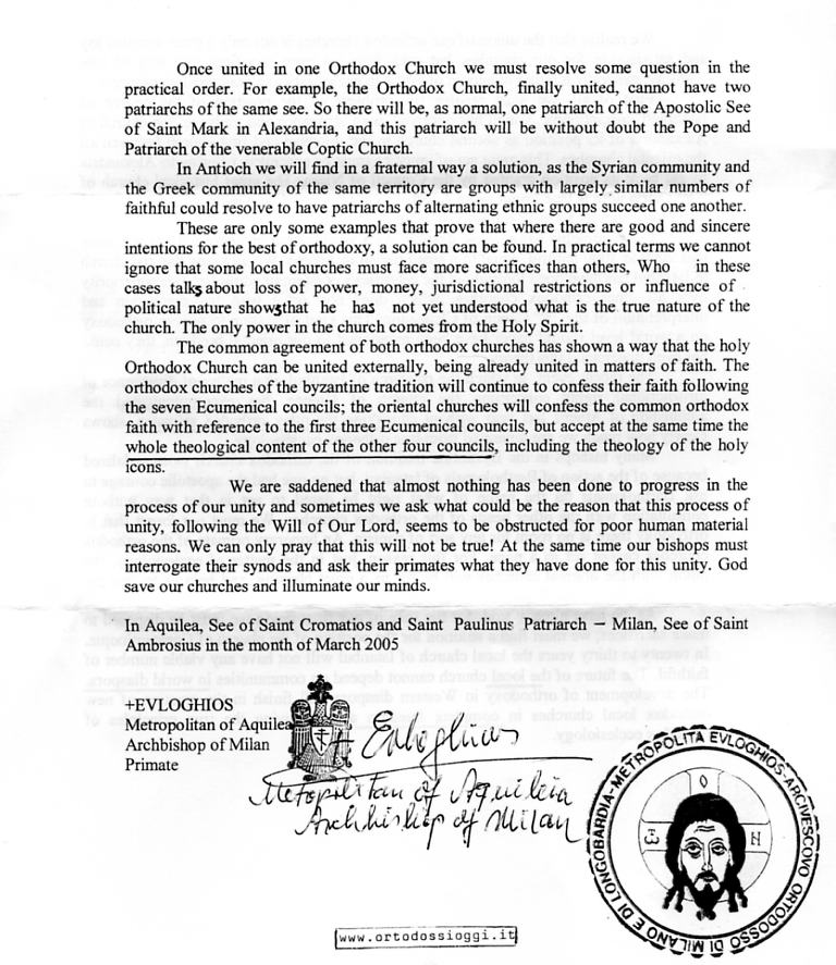 Met. Euloghios of Milan 2005 Fraternal Message to
Ecumenists and Monophysites - Page 4